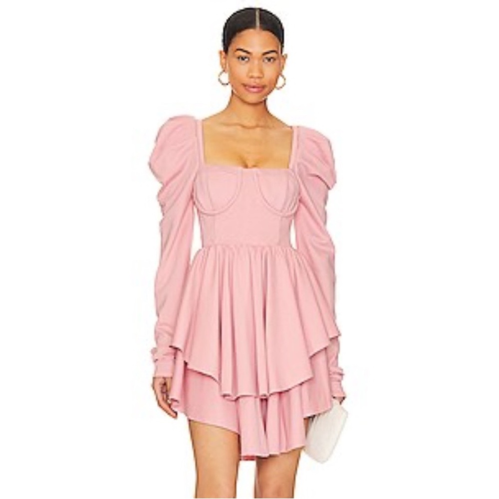 Selkie Pink Fit and Flare Dress with Puff Sleeves